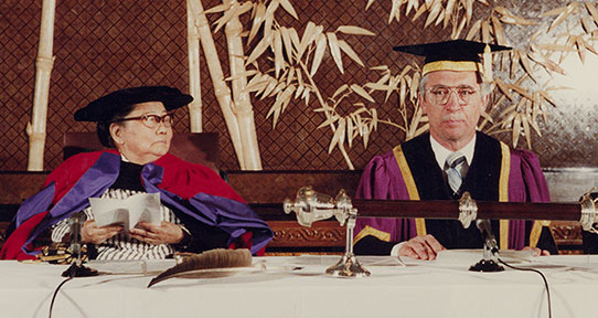 Mme. Soong Ching-Ling and UVic President Howard Petch in the Great Hall of the People, 1981.