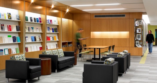The current periodicals reading area is situated near the entrance of the library.