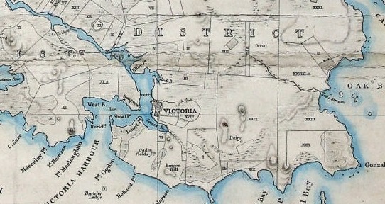 An 1855 map of Greater Victoria.