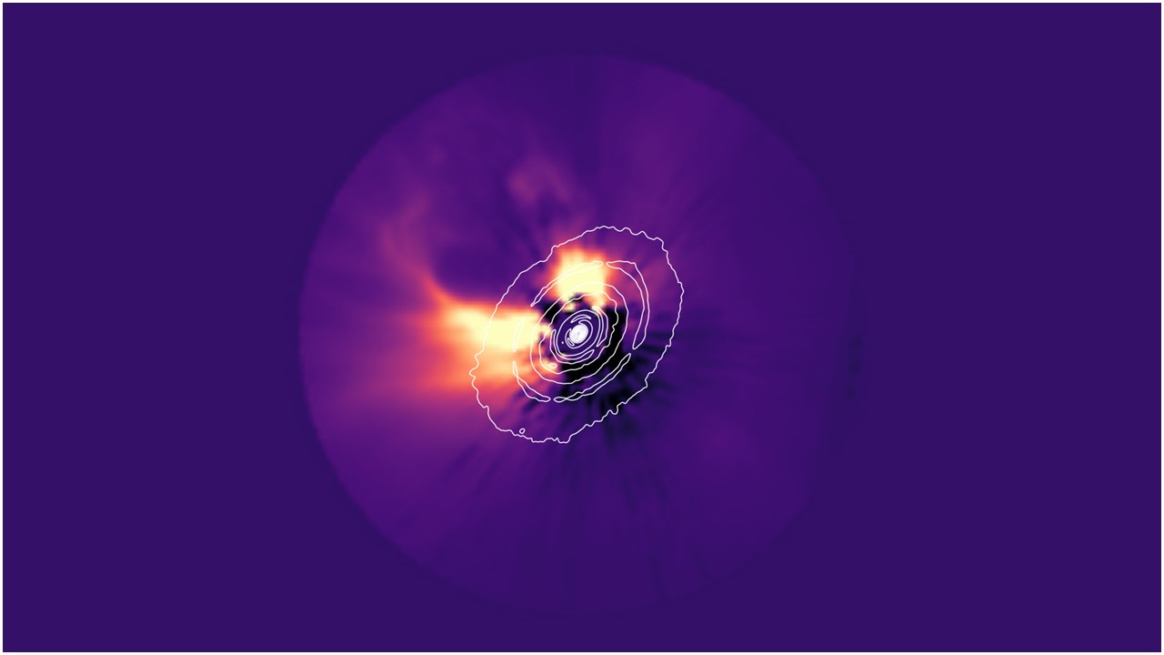 Image of HL Tau taken by the James Webb Space Telescope, overlaid with data from ALMA.