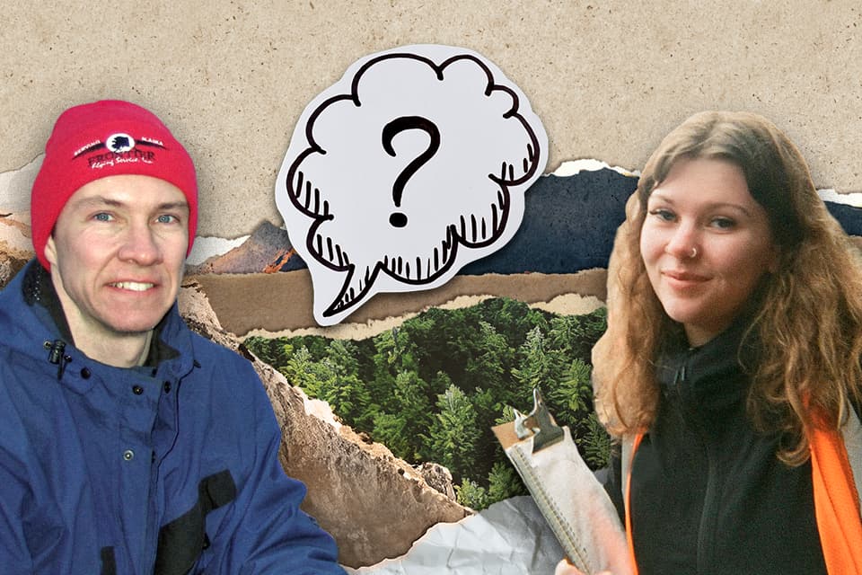 Professor David Atkinson and climate science student Camryn Thompson featured in a graphic composite with a question mark