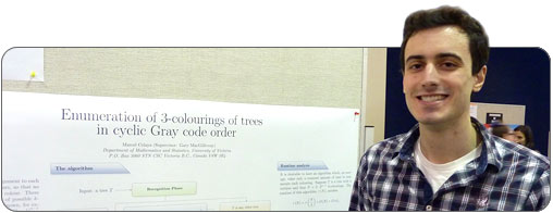 Marcel Celaya presents his poster at the Jamie Cassels Undergraduate Research Awards (JCURA) fair.