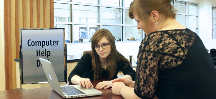 A Computer Help Desk consultant helping a student at our satellite location in the library.