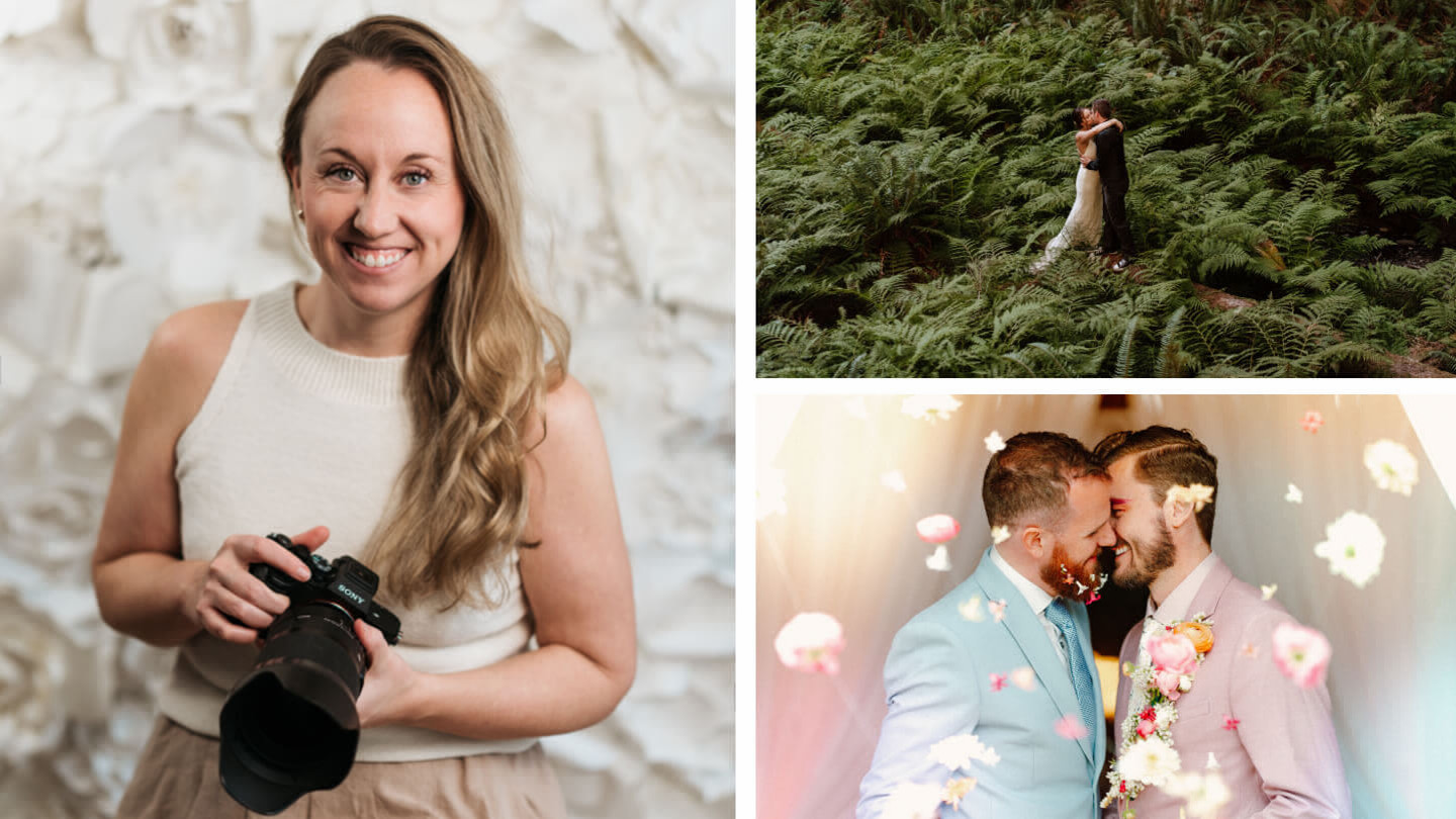 Collage featuring photo of woman holding a camera, a bride and groom kissing in a forest, and two grooms in suits about to kiss with flowers falling around them.