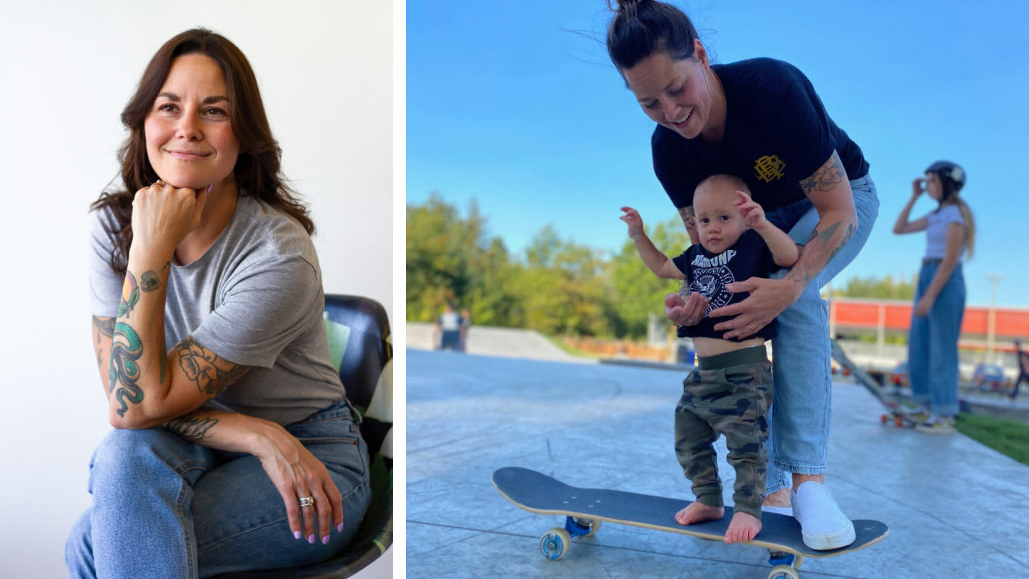 Collage of woman sitting beside a photo of the same woman helping a toddler stand on a skateboard. 