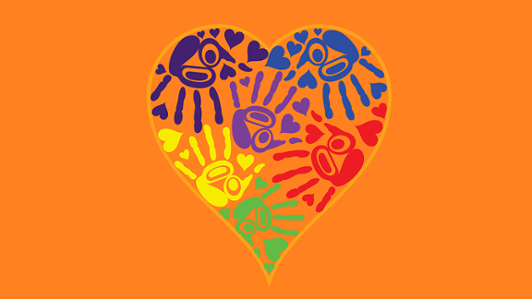 Indigenous artwork of heart with children's hands on an orange background 