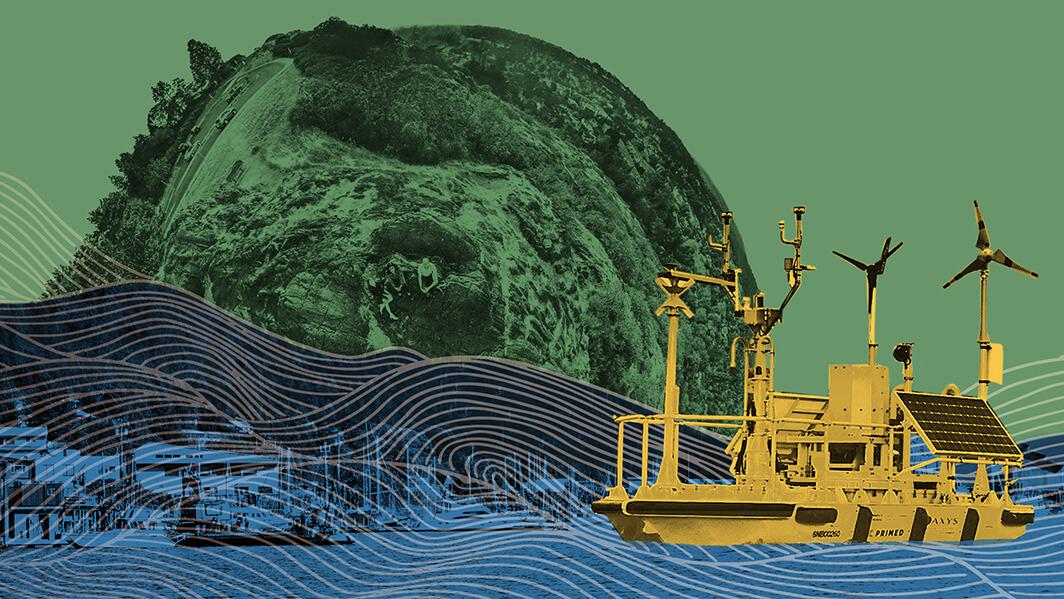 Graphic composite featuring wind bouy in coastal waters.
