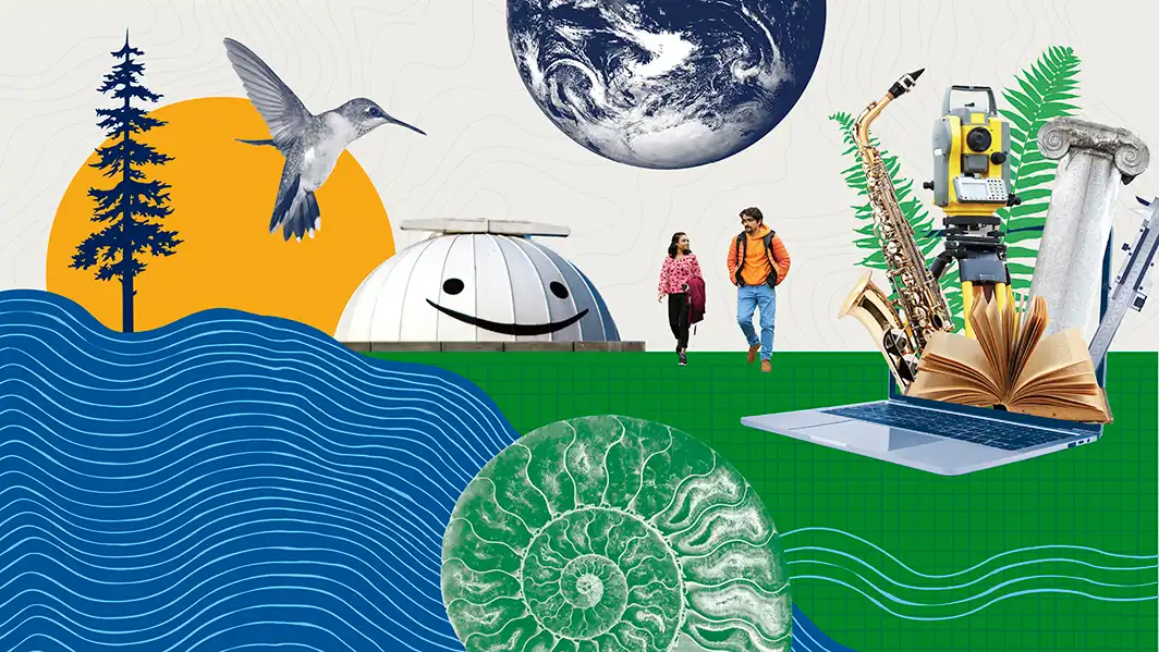 stylized graphic showing 2 students walking on a green surface surrounded by graphic elements like the earth, an observatory, musical instruments, surveying equipment, book and laptop. 