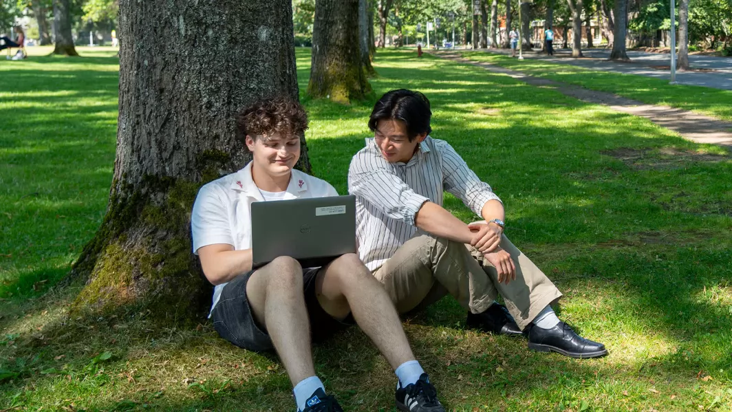 Two students looking at a laptop while sitting on the grass under a tree.