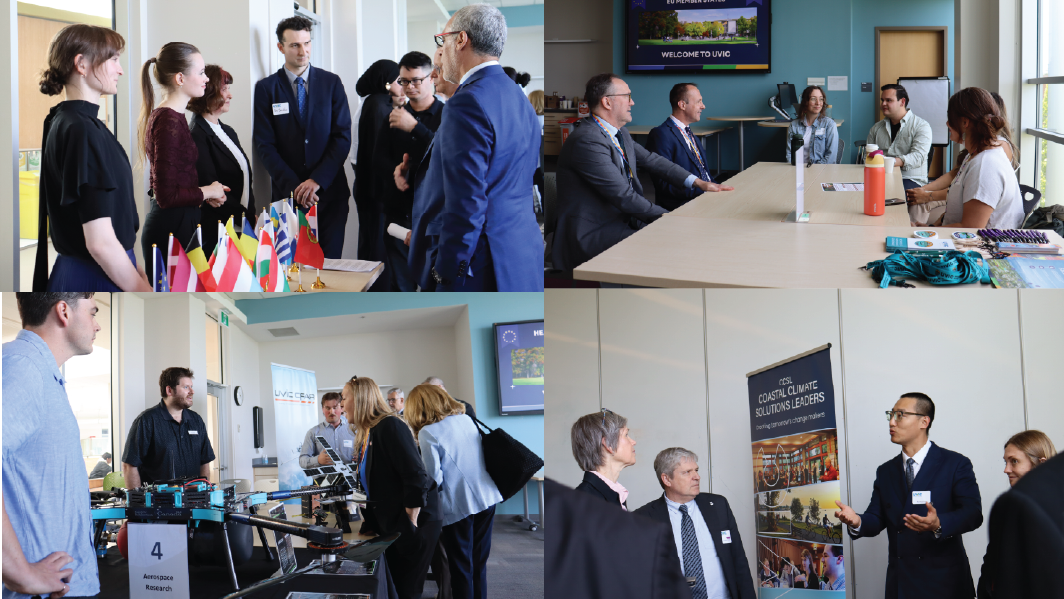 Collage of images of the four project displays as part of the EU Ambassadors Delegation to UVicÑ European Studies, Indigenous Studies, Aerospace Research and Coastal Climate Solutions