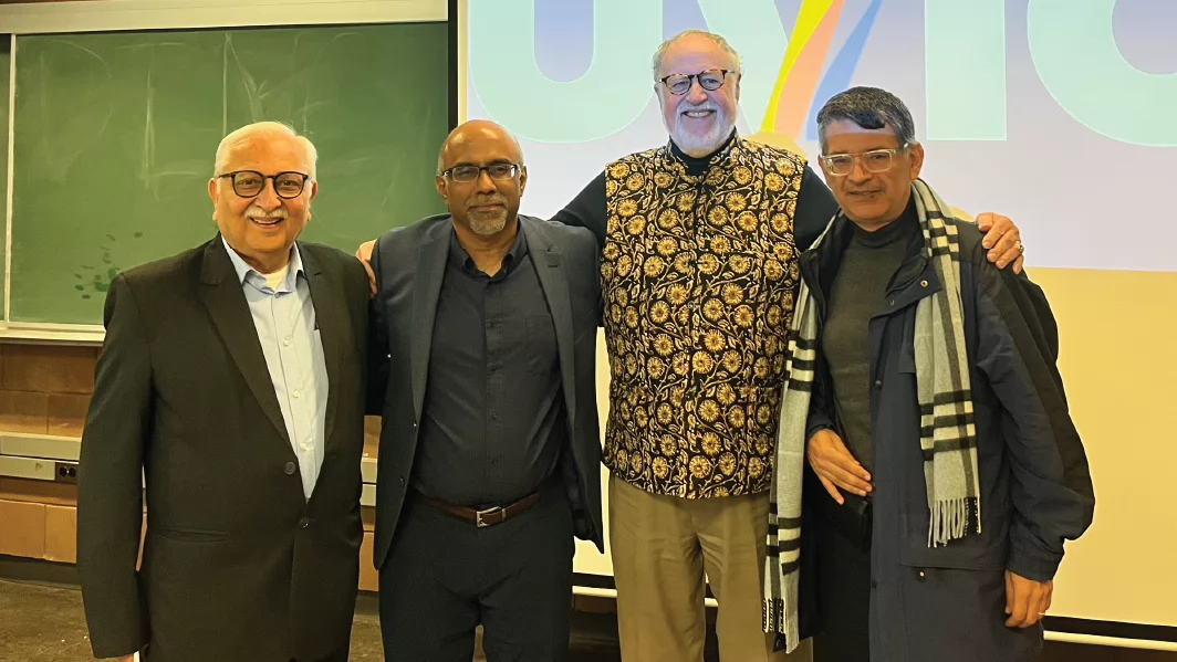 Group photo of Dr. Rajesh Tandon and Dr. Bud Hall (Co-UNESCO chairs), AVP Global Engagement Dr. Elango and Dr. Alfonso Reyes, former President of the University of Ibagué