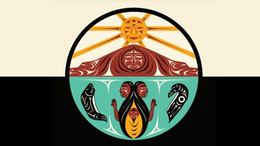 Indigenous art from Charles Elliott, a Coast Salish artist depicting Community and how Indigenous peoples work in a communal way to support and lift each other up. 