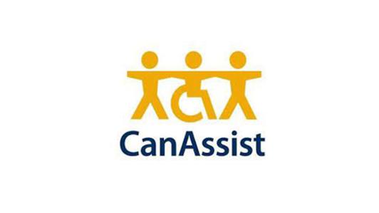 Logo of CanAssist depicting three persons holding hands; the person in the middle is sitting on a wheelchair
