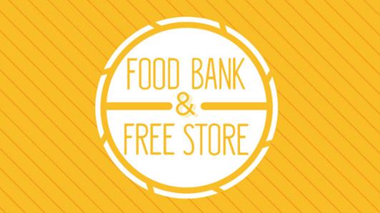 Logo of the Students Society's Food Bank, being circle representing a plate of food on top of a dining carpet with the legend: "Food bank and free store" 