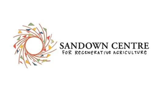 Logo representing a vortex with multiple triangles being dragged outside its central circle, with a legend next to it: "Sandown Centre for regenerative agriculture