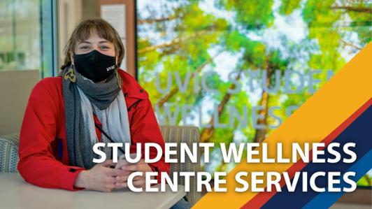 Image of young female student wearing a UVic mask and smiling at the camera, while seating in the Student Wellness Centre. The photo has the legend: "Student Wellness Centre Services"