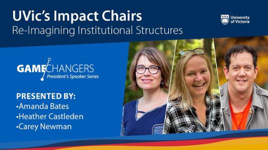 Poster of the Game-Changers President's speaker series in 2022, showcasing the profile pictures of three UVic's Impact Chairs: Amanda Bates, Heather Castleden and Carey Newman 