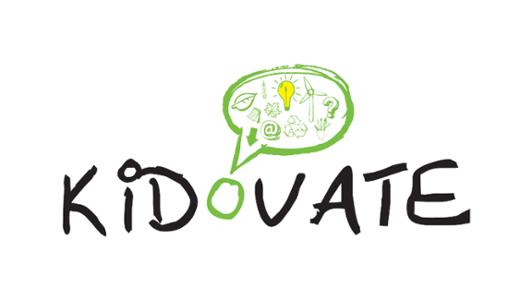 Logo of KIDOVATE with a text blurb on top of the letter 'o' showing pictograms of Science, Technology, Engineering and Math , such as: a pencil, arrow, leaves, light bulb, windmill, recycling sign, etcetera