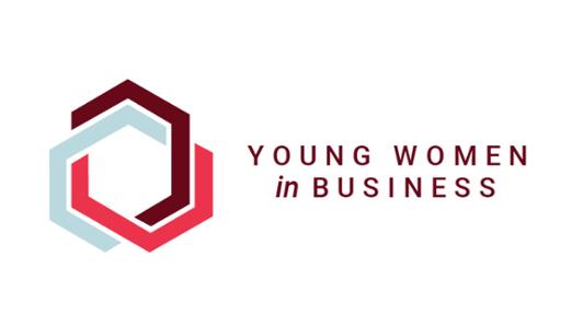 Logo of the "Young Woman in Business" project, formed by three interlocking hexagons of three colours: light blue, brown and red 