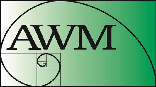 Logo of the Association of Women in Math, depicting the letters "AWM" inside a Golden Ratio spiral sectioned by golden squares