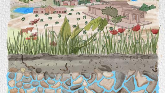 Hand drawn picture of a rural landscape showing a section of the ground with water stored below the surface. Artwork from the UN World Water Day 2022: Groundwater 