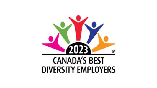 Logo of the brand: "Canada Best Diversity Employers, Registered Trademark, 2023, depicting four individuals of different colours extending their arms