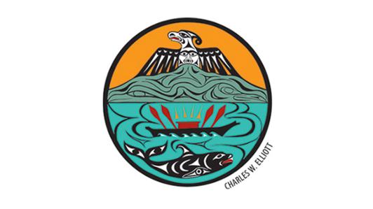 Original artwork by TEMOSEṈŦET – Dr. Charles Elliott of the Tsartlip First Nation, depicting in the bottom half the ocean with a whale and a canoe, and in the upper half a mountain crowned by an eagle