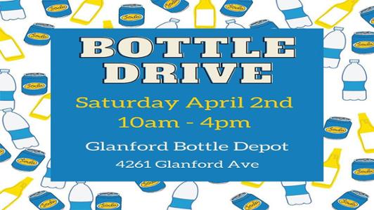 Poster of a 2022 waste recollection campaign by the student group "UVic Global Brigades", with background of digital images of bottles and cans and the text" "BOTTLE DRIVE. Saturday April 2nd 10 am - 4 pm, Glanford Bottle Depot, 4261 Glanford Avenue"