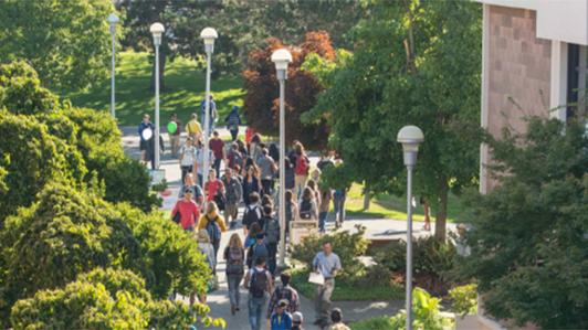 Aerial image of a UVic campus pathway full of students between trees and lamps