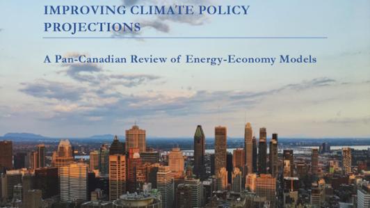 Lanscape photo of the metropolitan city of Montreal at dusk, with the title:  "Improving  Climate Policy Projections. A Pan-Canadian review of Energy-Economy Models