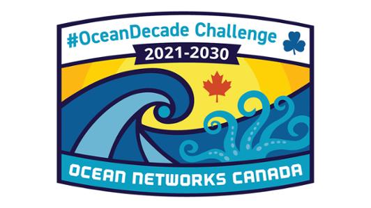 Poster with digital art depicting ocean, an octopus and a maple leaf with the text: "#OceanDecade Challenge, 2021-2030, Ocean Networks Canada"