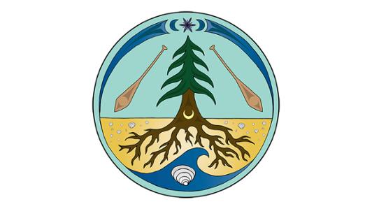 Logo of the Living Lab as described by its author, Sarah Jim: "This image represents the interconnected nature of the land, water, culture, traditional ecological knowledge, and western science. The roots of the cedar represent not only the veins of life for the tree, but is a metaphor for a complex and diverse network of people that work within the Living Lab project. The paddles, clam shell, and midden indicate a rich history and connection to the ocean for Coast Salish people as the salt water is a means of transportation, livelihood, and sustenance through reef net fishing. The camas flower is a significant part of Lekwungen and W̱SÁNEĆ life as well due to it being a rich food source and trade food. The way the crescents and trigons on the top physically connect to the land below is a signifier of the interconnectedness of art, culture, and land".