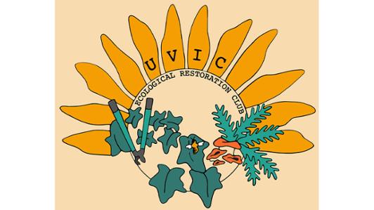 Logo of the UVic Ecological Restoration Club, depicting a large sunflower, a fern, mushroom and other leaves, a flying bee and a looper tool
