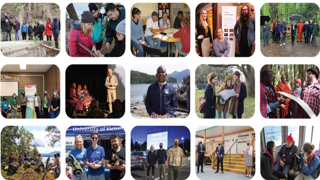 Mosaic with multiple photos of activities related to UVic staff, faculty and students engaging with members of the communities locally and globally 
