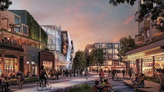 Design mockup of Southwood Circle with shops surrounding a public square