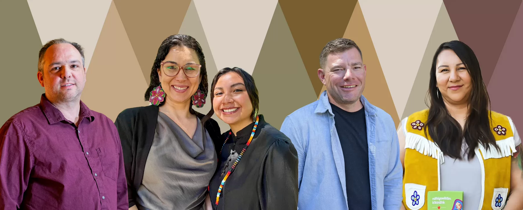 Composite image of five people with a colourful background.
