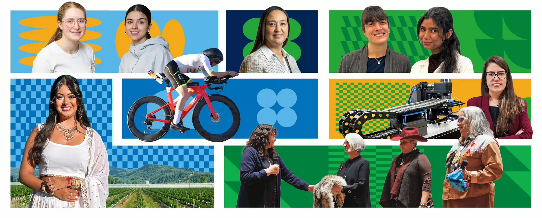 Graphic composite image featuring women on a colourful background.