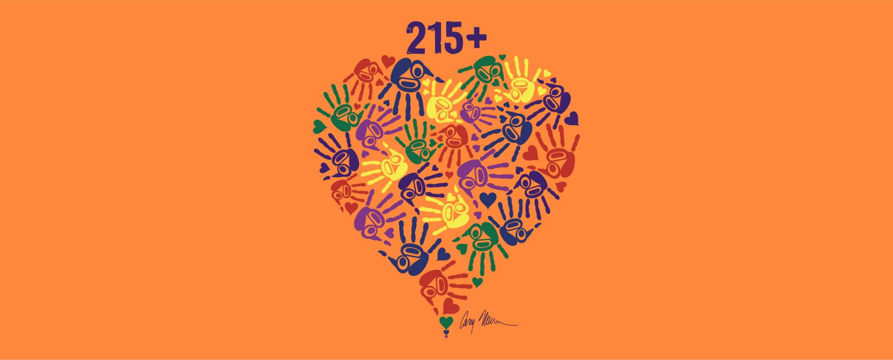 215+ graphic. A child's handprints form the shape of a heart on an orange background.