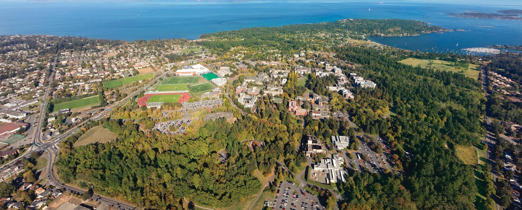 Aerial view of UVic campus and outlying lands