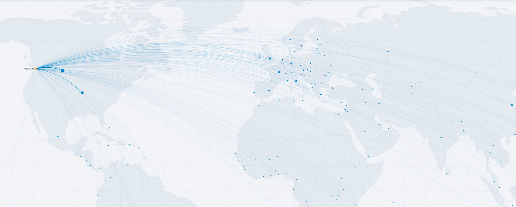 map showing global research collaborations from UVic