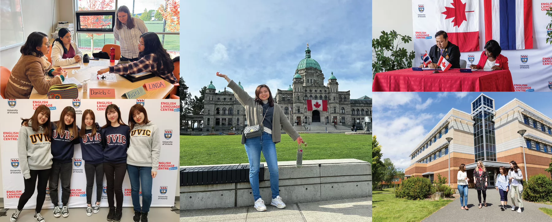Collage of images from the Division of Continuing Studies featuring international students at UVic, inside and outdie of the DSC buildings, and the dignature of an institutional agreement with Thailand