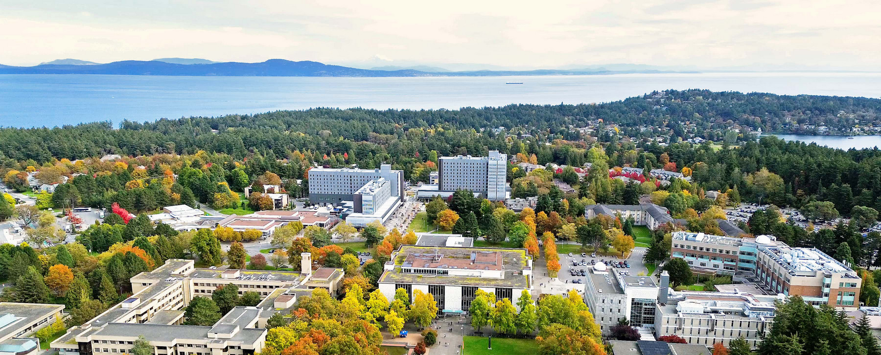 Aerial view of UVic campus with trees, mountains and ocean in the distance