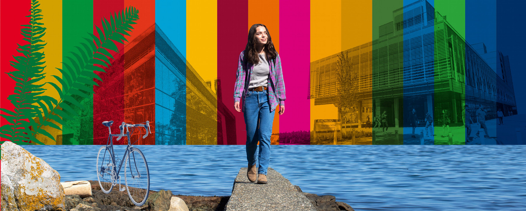 A colour composite with bright coloured stripes, a body of water, a young woman, rocks, tree and a bicycle