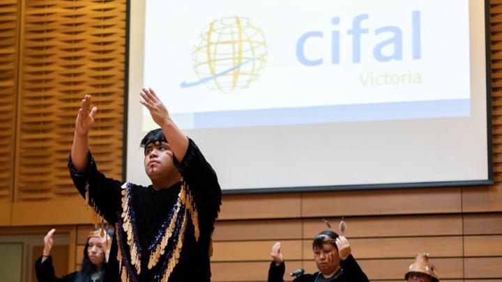 Lək̓ʷəŋən traditional dancers welcome delegates at the opening reception and launch of CIFAL Victoria, First Peoples House, in March 2022.
