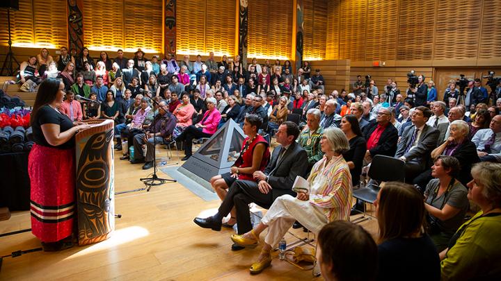 JID student Colby Lizotte addresses the group of Elders, scholars, national and provincial leaders gathered at UVic for the launch of the new Indigenous law program