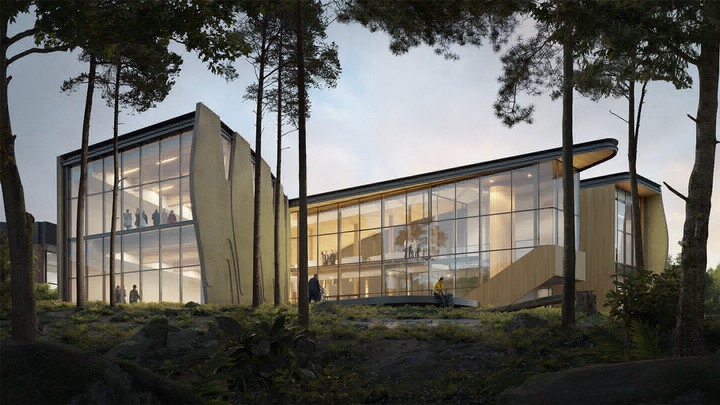 Rendering of the new National Centre for Indigenous Laws in a forest setting.