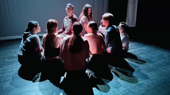 Group of UVic students practicing Theatre on stage