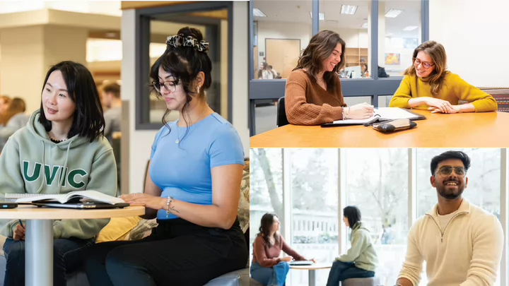 Collage of photos of UVic students from diverse background working at different spaces in the Libraries