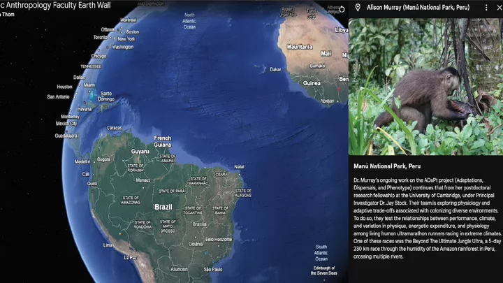 Screen capture of the Google Earth map of the Department of Anthropology depicting the global work of their scholars