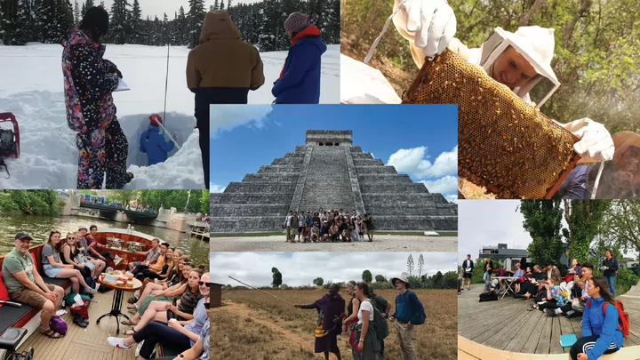 Collage of images depicting international engagement at the Faculty of Social Sciences 